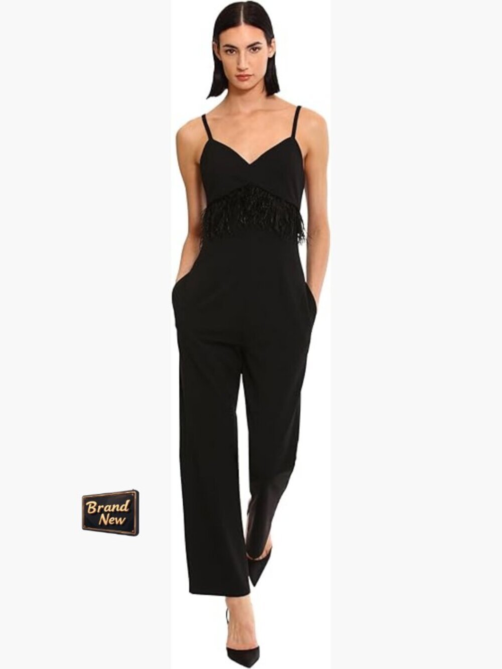 Size 8 Jumpsuit with Feather Trim, Pockets, V-Neck, Formal Occasion Wear